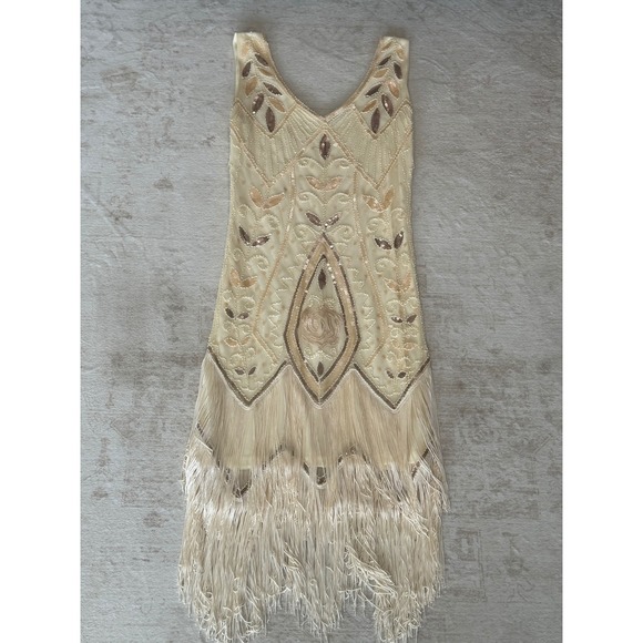 Dresses & Skirts - Champagne Sequin Beaded Flapper Dress Great Gatsby 1920s Fringe Cocktail Dress